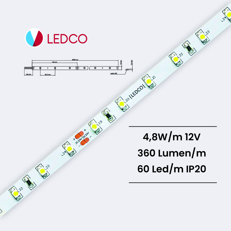 Ledco sl24 striscia led monocolore 3528 5 metri 4,8 W/M 24V 60 Led/M ip20