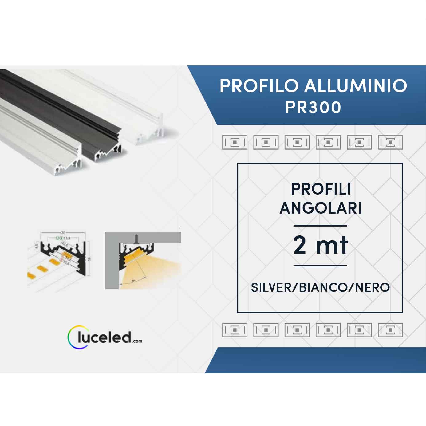 Ledco pr300 kit profilo angolare in alluminio 10 metri per strisce