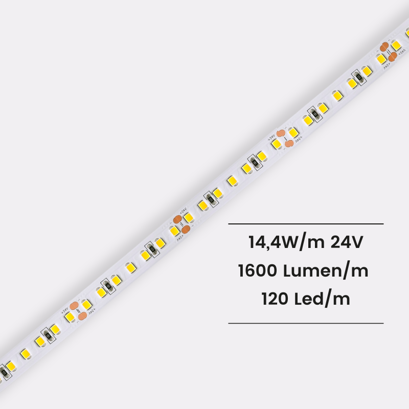 Striscia led monocolore 2835 14,4 W/M 24V 120 Led/M IP20 – De