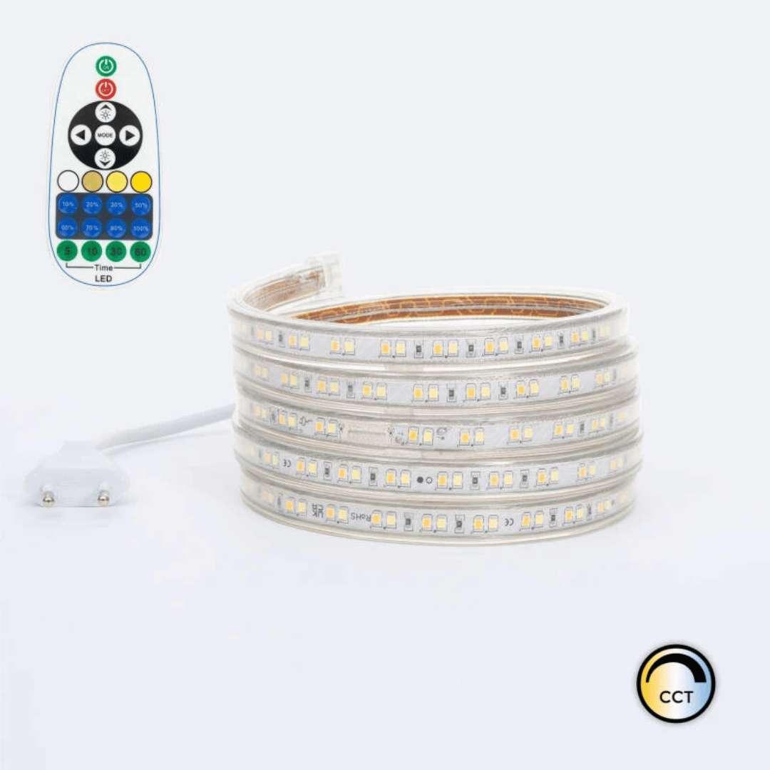 Striscia LED CCT 220V 120 LED_m 10W_m 900lm_m Larga 14mm Taglio 100cm IP65 (5)