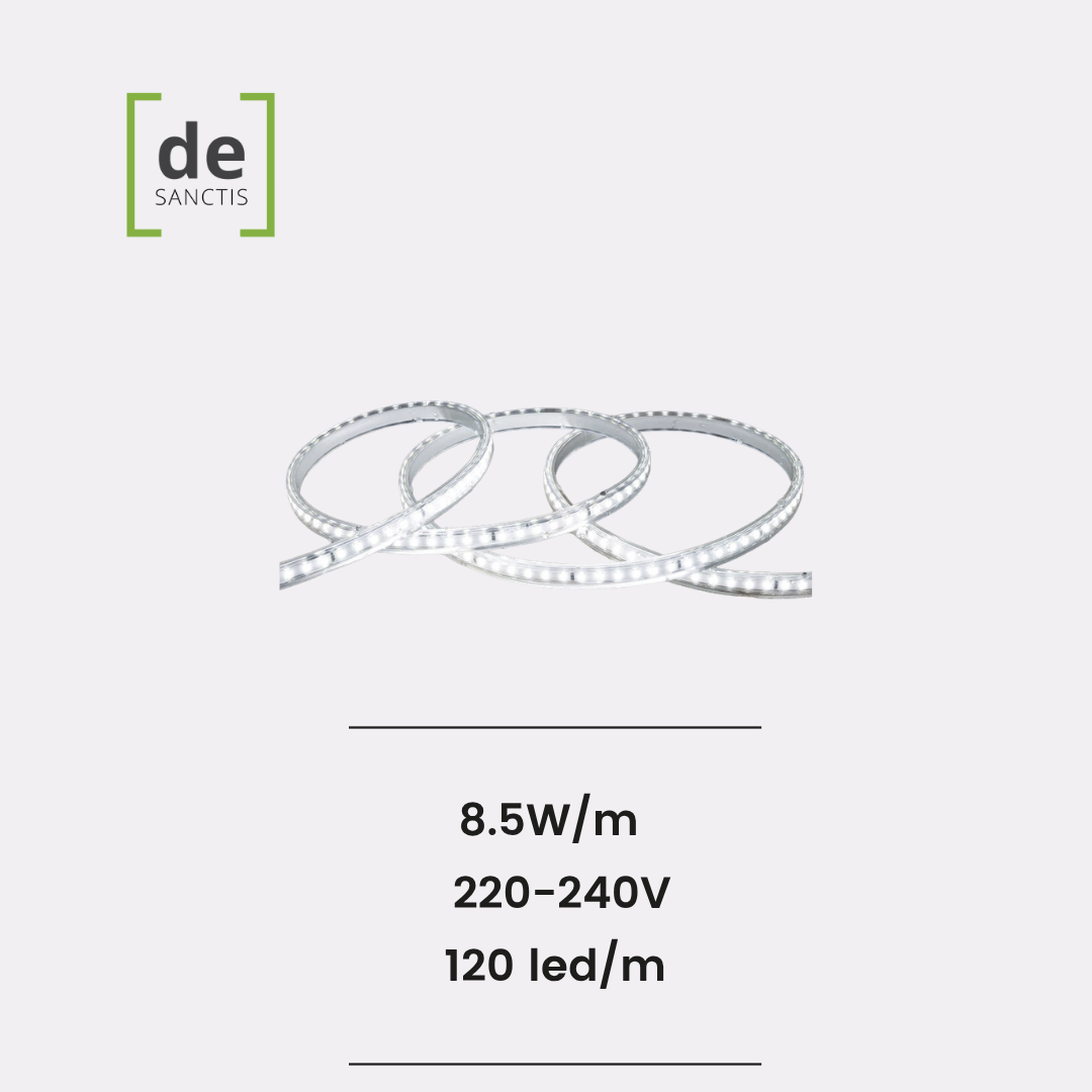 Striscia LED Regolabile 220V SMD 120 LED_m Bianco Freddo 8.5W_m 850lm_m Larga 12mm IP65 Taglio 20cm